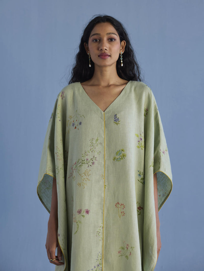 Eva Floral Linen Kaftan Dress - Mint linen by Manan in mint color for women Worldwide