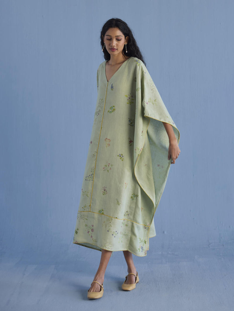 Eva Floral Linen Kaftan Dress - Mint linen by Manan in mint color for women Worldwide