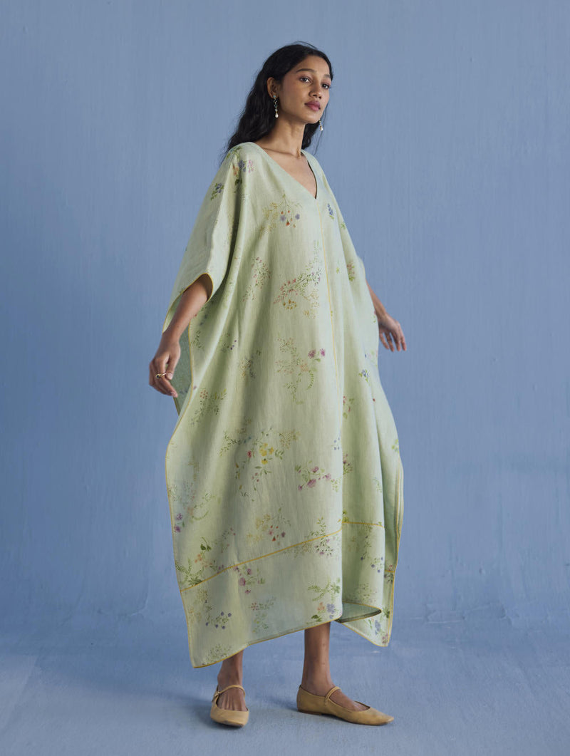 Eva Floral Linen Kaftan Dress - Mint linen by Manan in mint color for women Worldwide