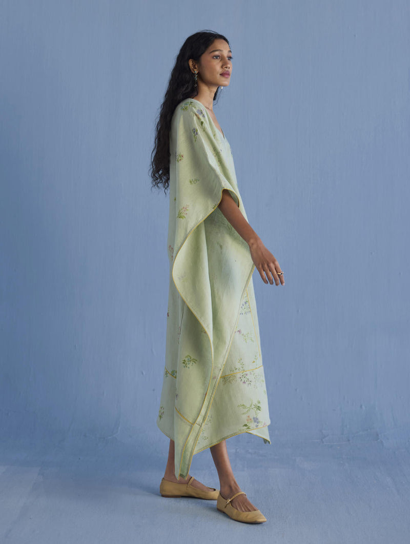 Eva Floral Linen Kaftan Dress - Mint linen by Manan in mint color for women Worldwide