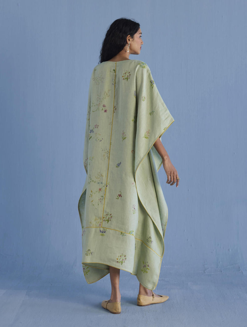 Eva Floral Linen Kaftan Dress - Mint linen by Manan in mint color for women Worldwide