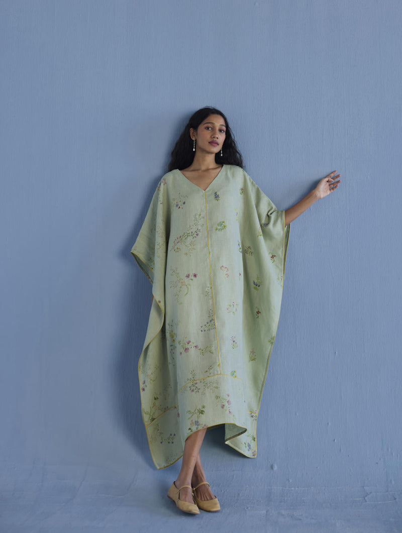 Eva Floral Linen Kaftan Dress - Mint linen by Manan in mint color for women Worldwide