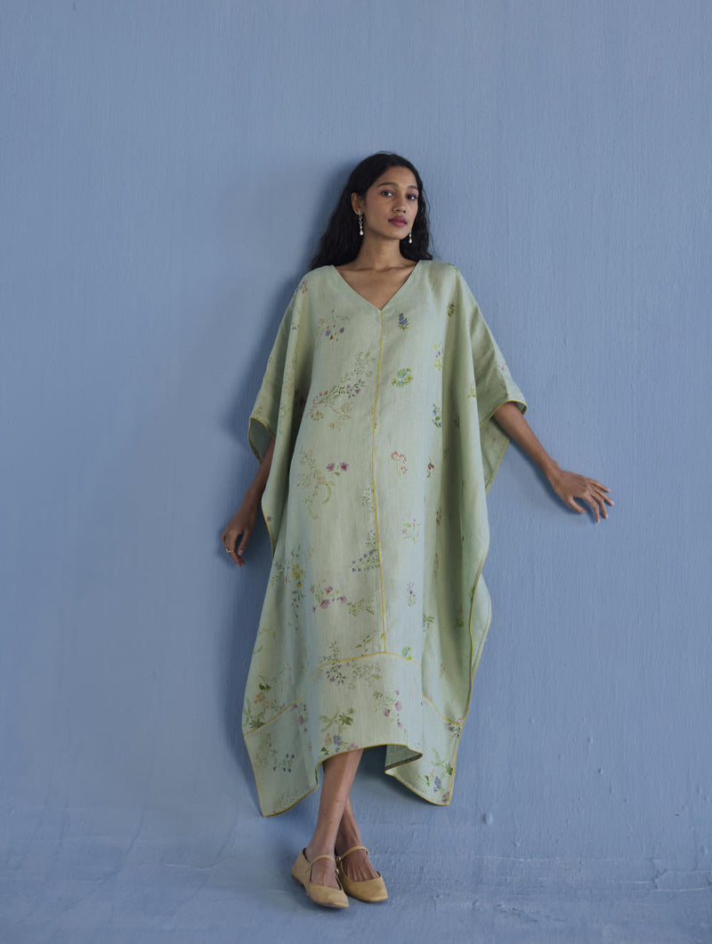 Eva Floral Linen Kaftan Dress - Mint linen by Manan in mint color for women Worldwide