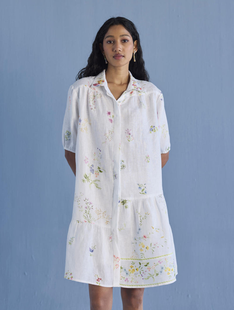 Sia Hand-Embroidered Floral Dress - White linen by Manan in white color for women Worldwide