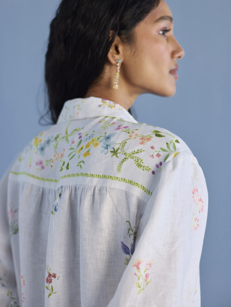 Sia Hand-Embroidered Floral Dress - White linen by Manan in white color for women Worldwide