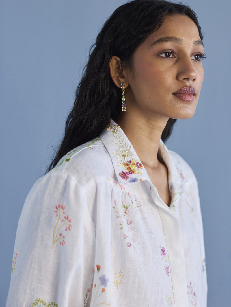 Sia Hand-Embroidered Floral Dress - White linen by Manan in white color for women Worldwide