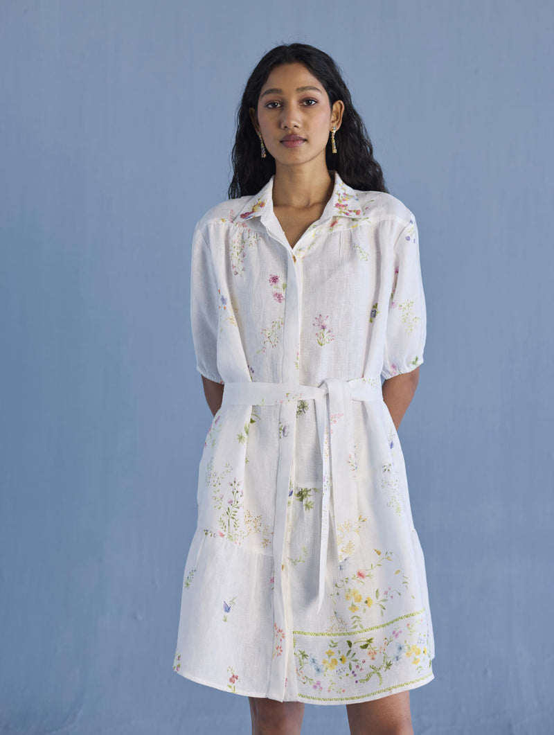 Sia Hand-Embroidered Floral Dress - White linen by Manan in white color for women Worldwide