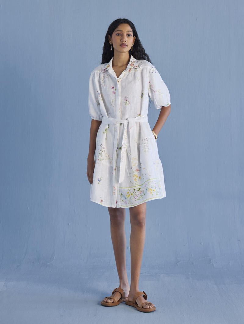 Sia Hand-Embroidered Floral Dress - White linen by Manan in white color for women Worldwide
