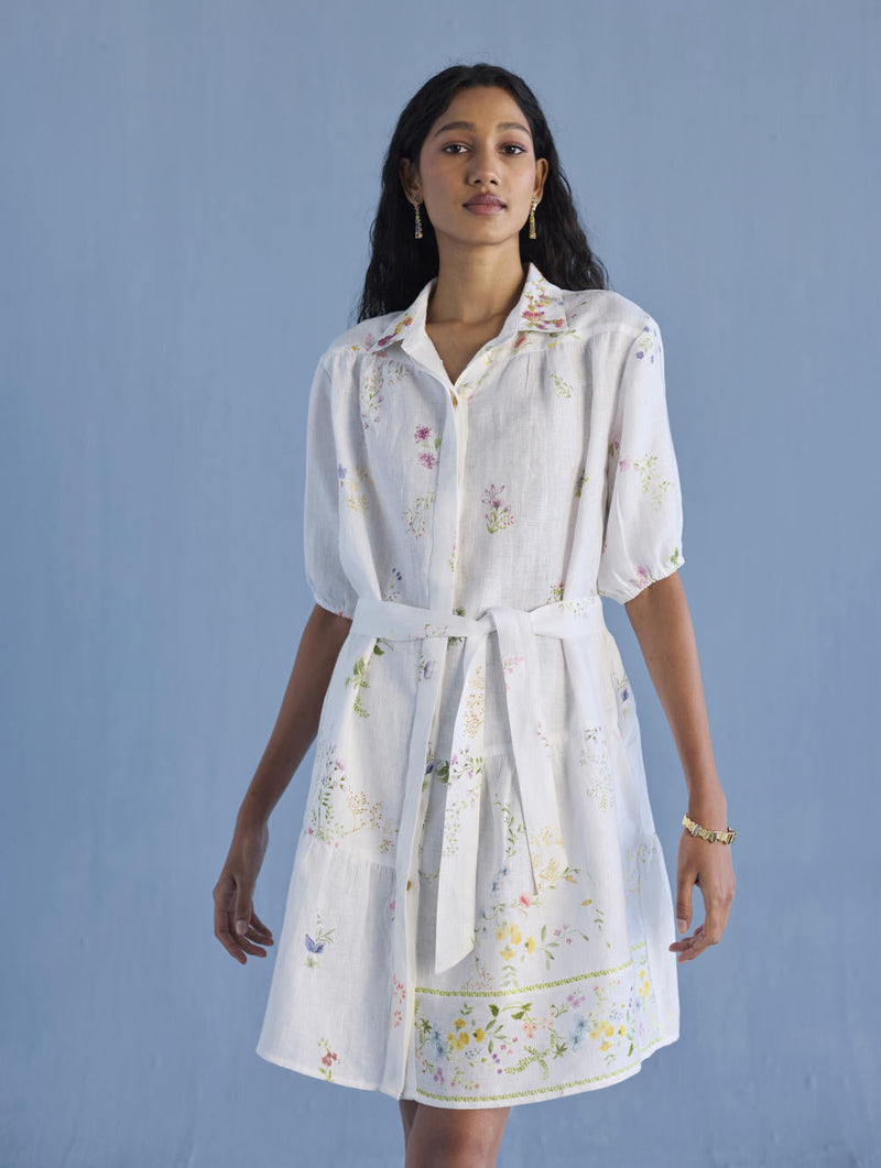Sia Hand-Embroidered Floral Dress - White linen by Manan in white color for women Worldwide