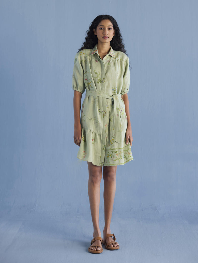 Sia Hand-Embroidered Floral Dress - Mint linen by Manan in mint color for women Worldwide