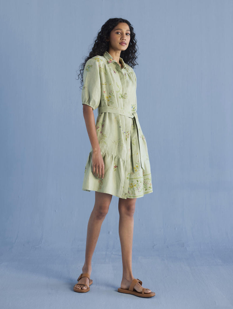Sia Hand-Embroidered Floral Dress - Mint linen by Manan in mint color for women Worldwide