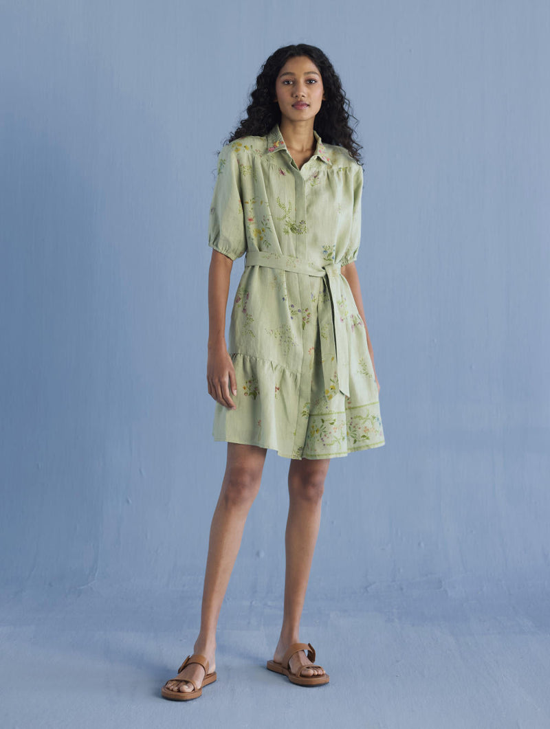 Sia Hand-Embroidered Floral Dress - Mint linen by Manan in mint color for women Worldwide
