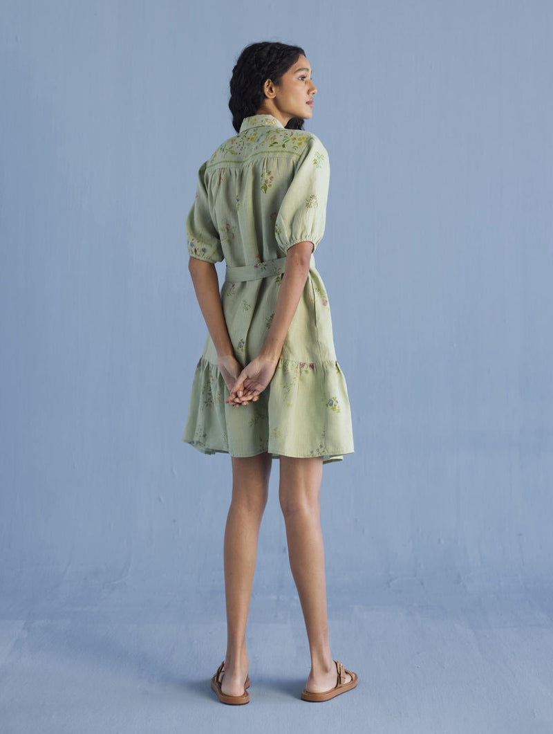 Sia Hand-Embroidered Floral Dress - Mint linen by Manan in mint color for women Worldwide