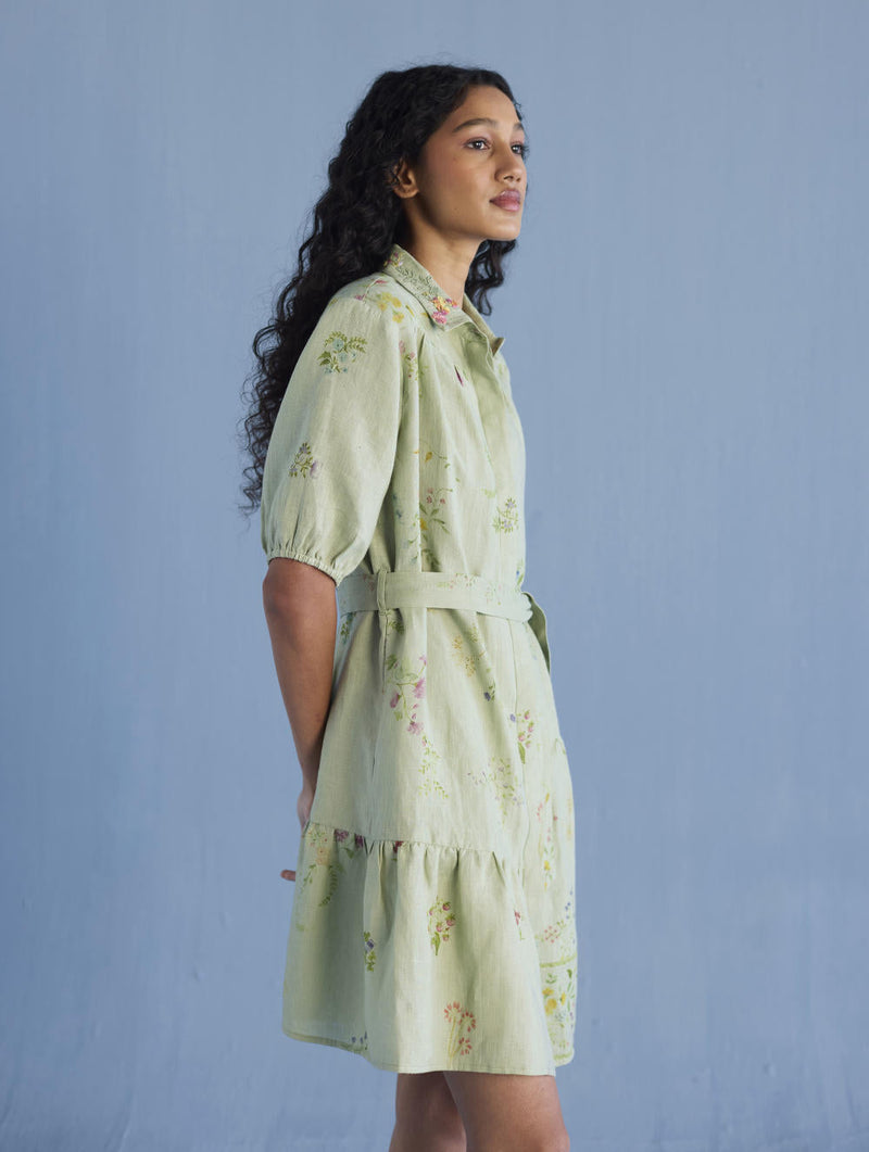 Sia Hand-Embroidered Floral Dress - Mint linen by Manan in mint color for women Worldwide