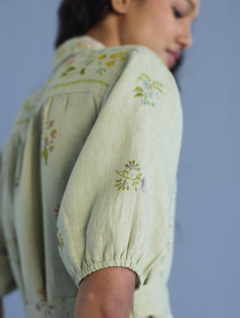 Sia Hand-Embroidered Floral Dress - Mint linen by Manan in mint color for women Worldwide