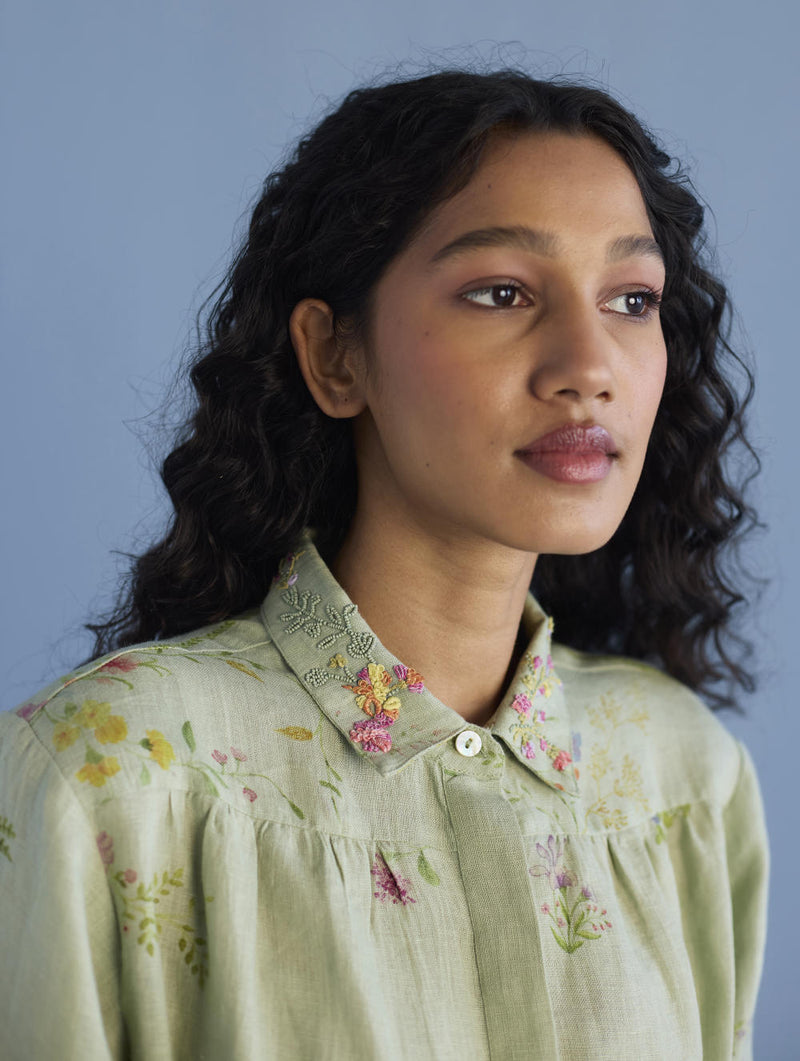 Sia Hand-Embroidered Floral Dress - Mint linen by Manan in mint color for women Worldwide
