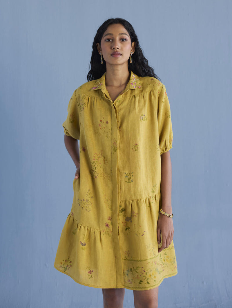 Sia Hand-Embroidered Floral Dress - Ochre linen by Manan for women Worldwide