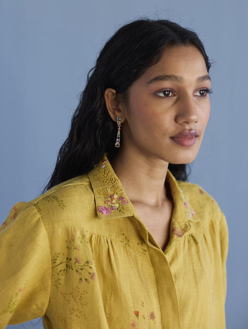 Sia Hand-Embroidered Floral Dress - Ochre linen by Manan for women Worldwide