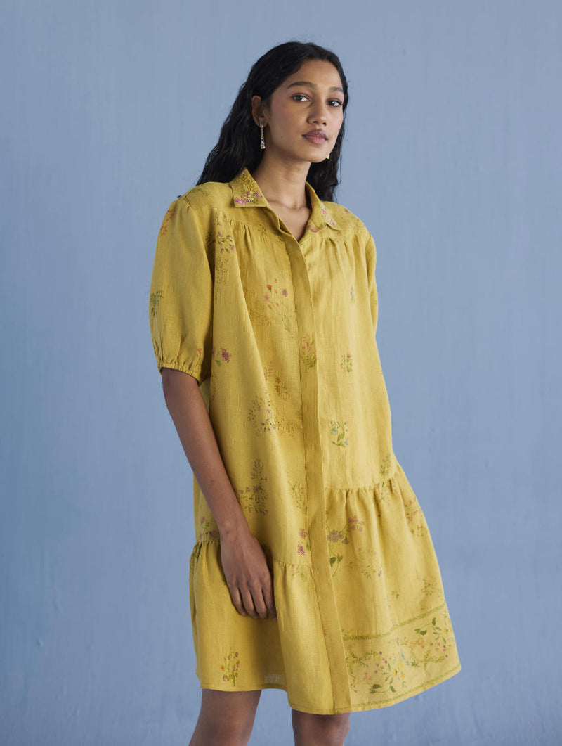 Sia Hand-Embroidered Floral Dress - Ochre linen by Manan for women Worldwide