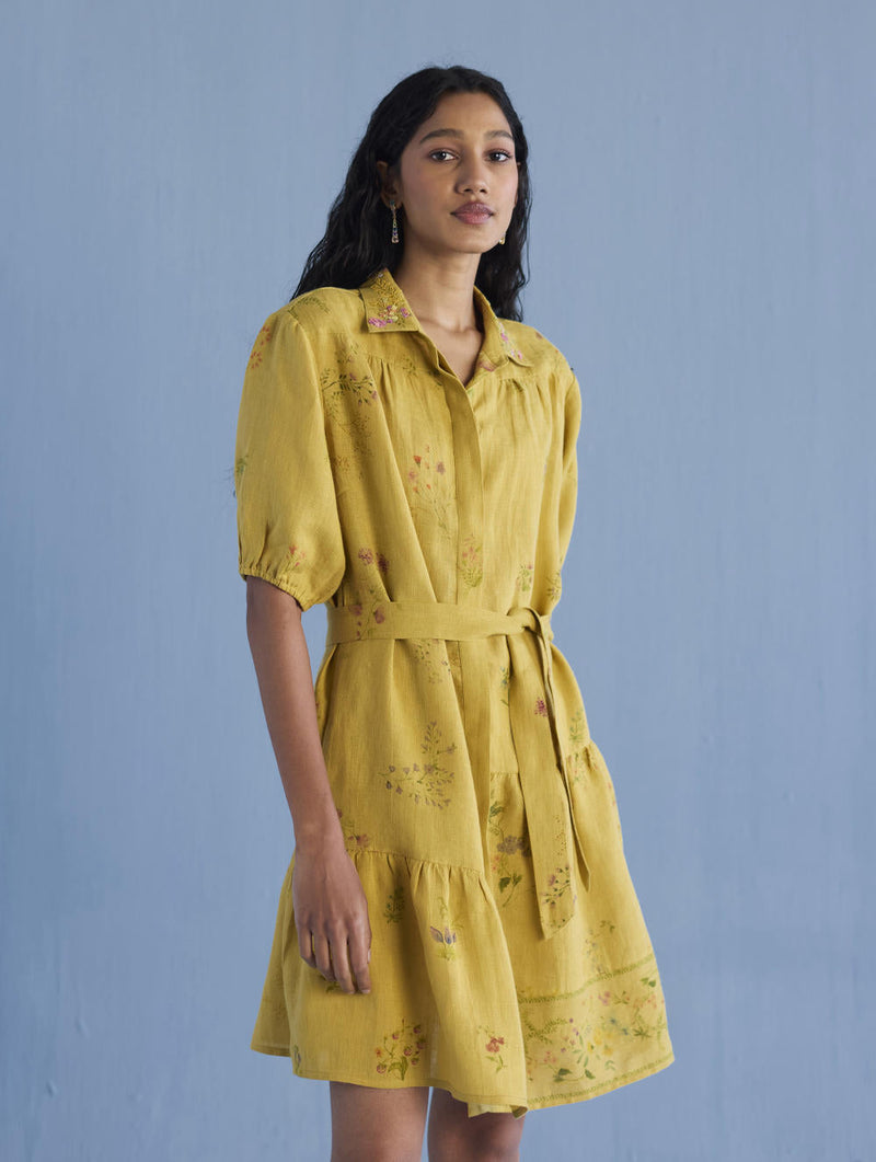 Sia Hand-Embroidered Floral Dress - Ochre linen by Manan for women Worldwide