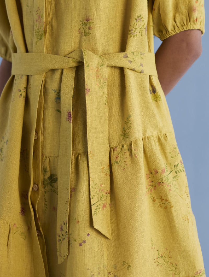 Sia Hand-Embroidered Floral Dress - Ochre linen by Manan for women Worldwide