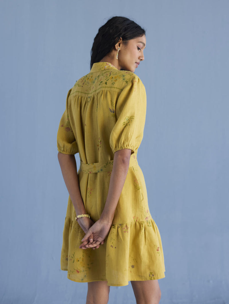 Sia Hand-Embroidered Floral Dress - Ochre linen by Manan for women Worldwide