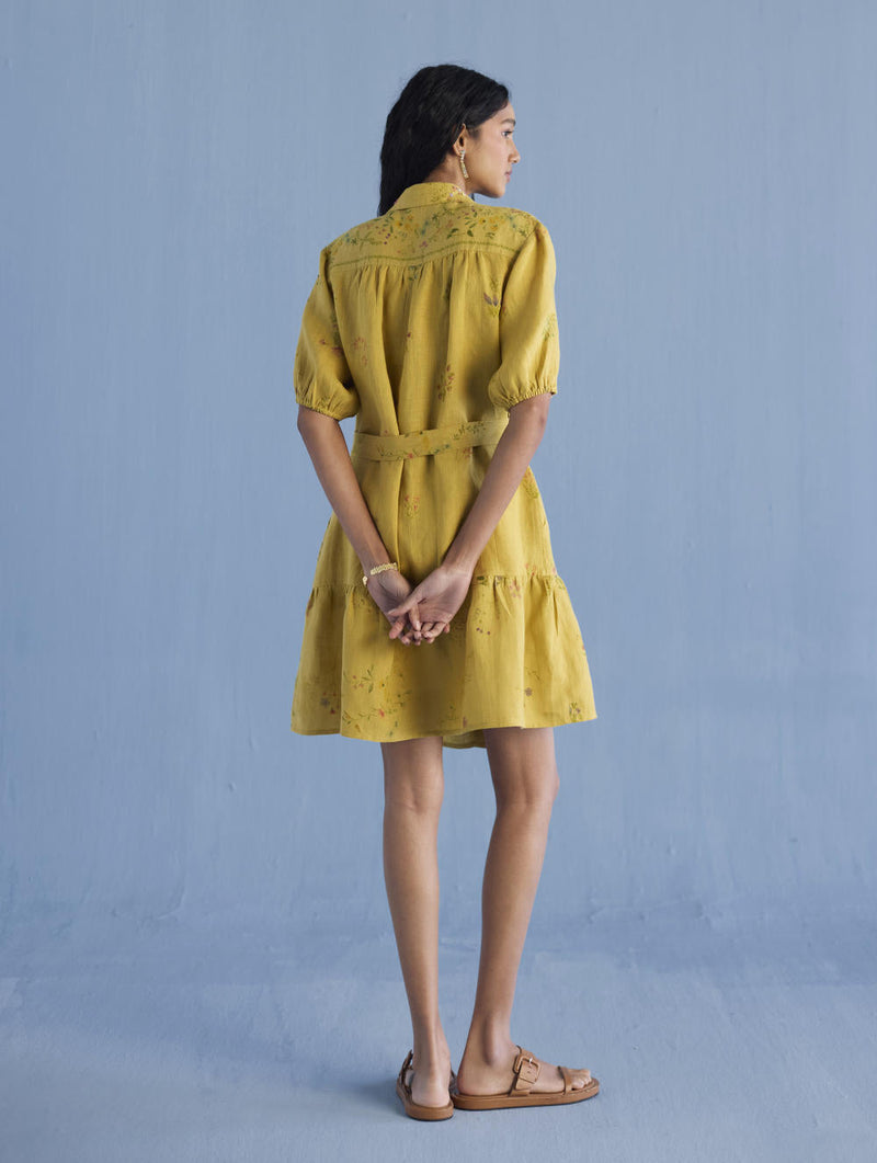 Sia Hand-Embroidered Floral Dress - Ochre linen by Manan for women Worldwide