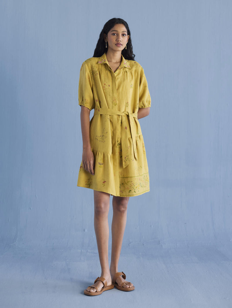 Sia Hand-Embroidered Floral Dress - Ochre linen by Manan for women Worldwide