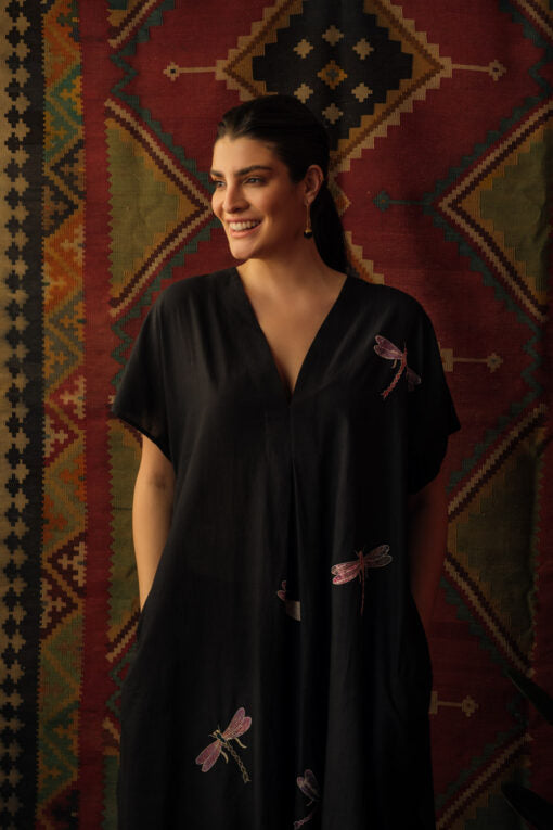 Dragon Fly Applique Embroidered Kaftan Black Lounge Wear,Top & Tunics by Mallika Mathur in black color for women Worldwide
