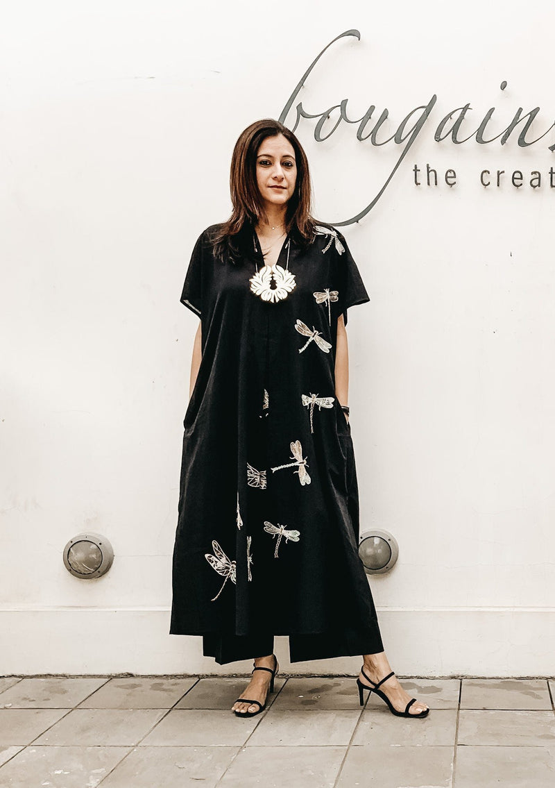 Dragon Fly Applique Embroidered Kaftan Black Lounge Wear,Top & Tunics by Mallika Mathur in black color for women Worldwide