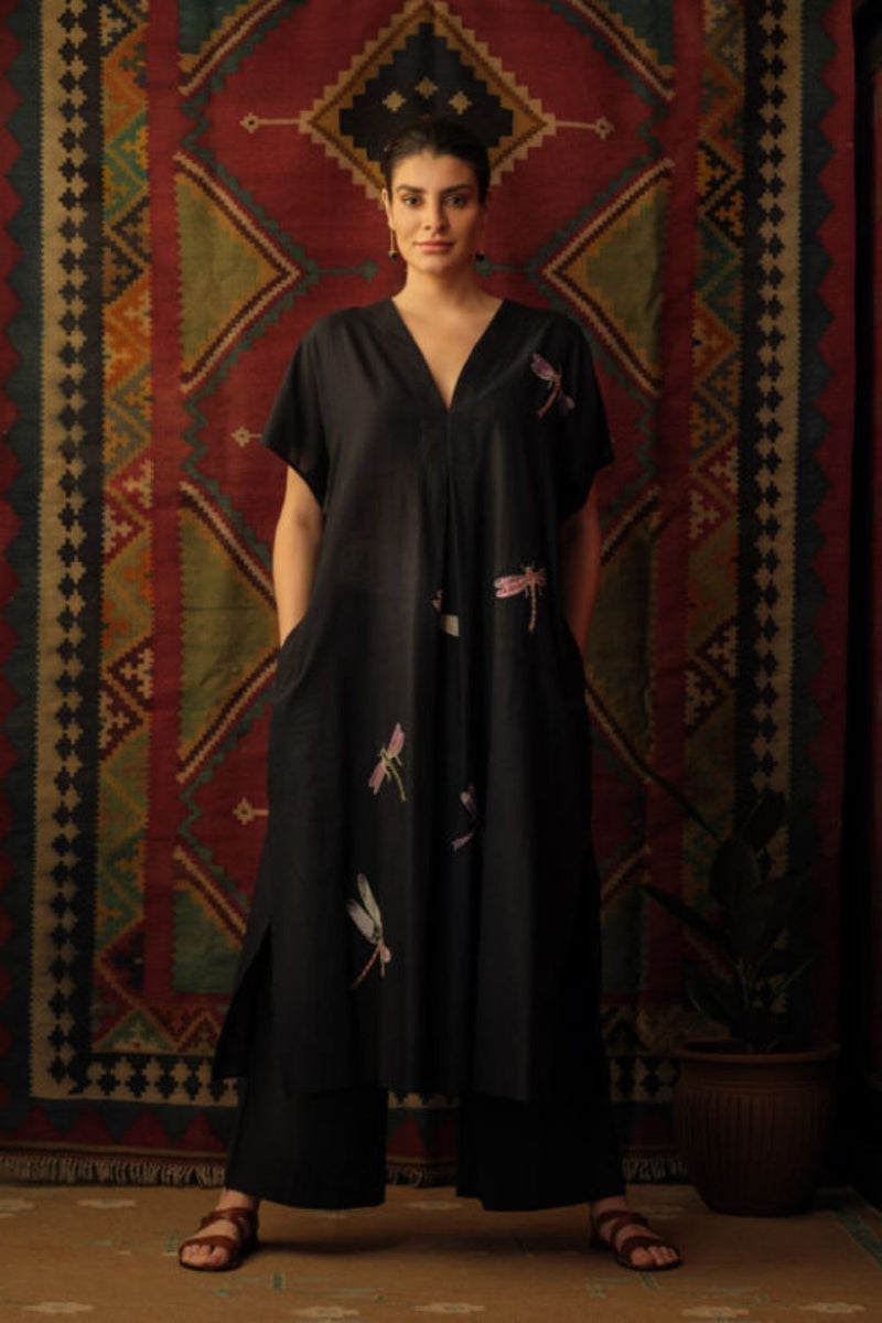 Dragon Fly Applique Embroidered Kaftan Black Lounge Wear,Top & Tunics by Mallika Mathur in black color for women Worldwide