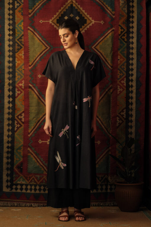 Dragon Fly Applique Embroidered Kaftan Black Lounge Wear,Top & Tunics by Mallika Mathur in black color for women Worldwide