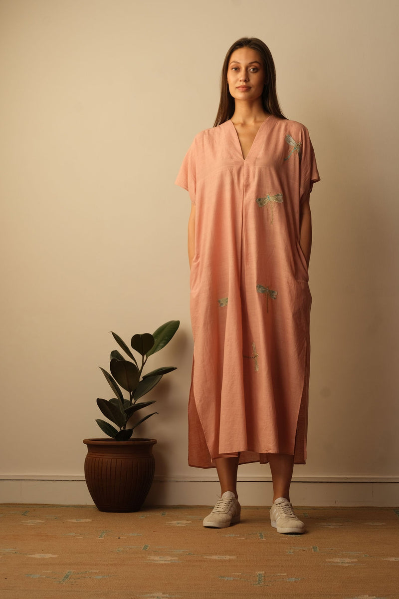 Dragon Fly Appliqué Embroidered Kaftan - Blush Lounge Wear,Top & Tunics by Mallika Mathur for women Worldwide