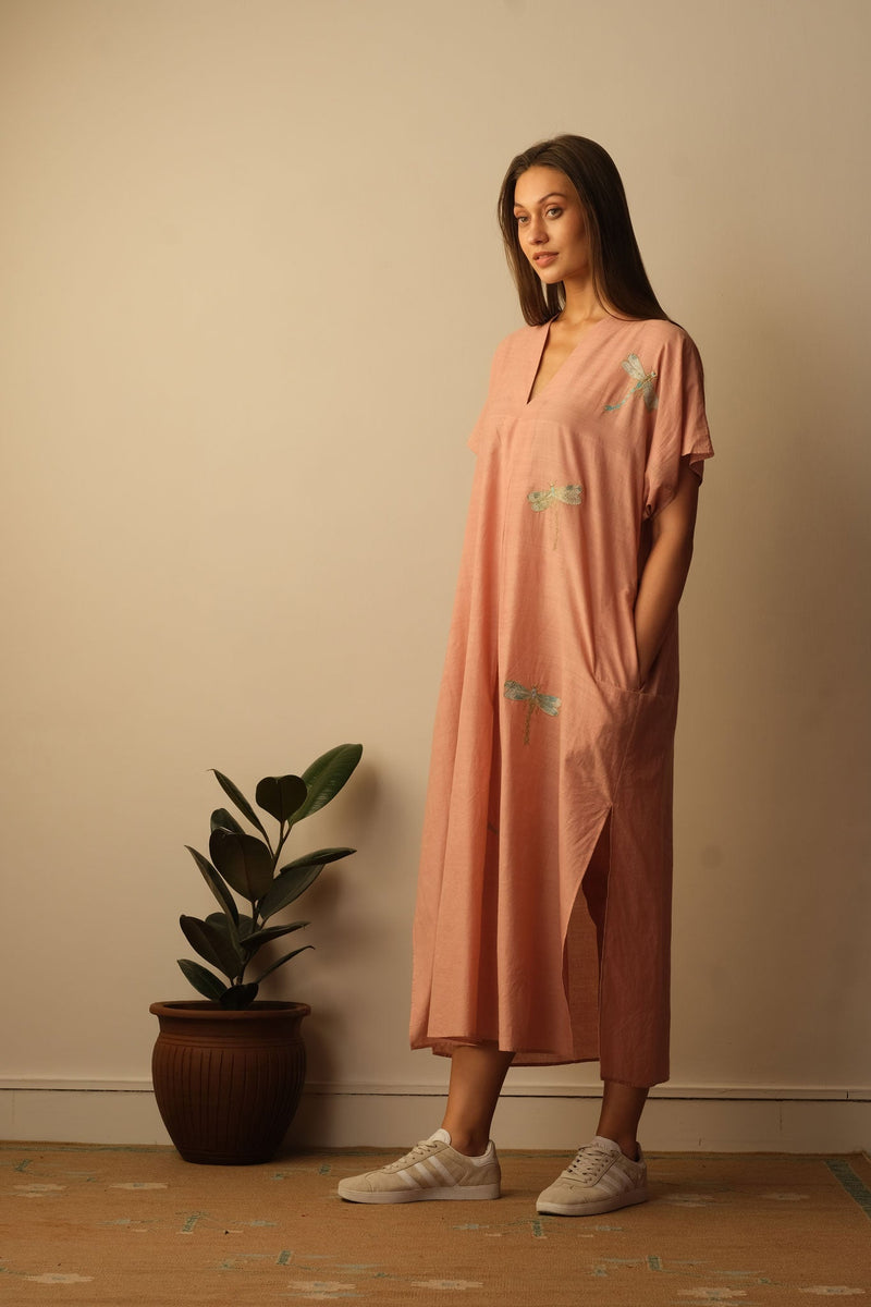 Dragon Fly Appliqué Embroidered Kaftan - Blush Lounge Wear,Top & Tunics by Mallika Mathur for women Worldwide