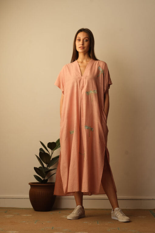 Dragon Fly Appliqué Embroidered Kaftan - Blush Lounge Wear,Top & Tunics by Mallika Mathur for women Worldwide