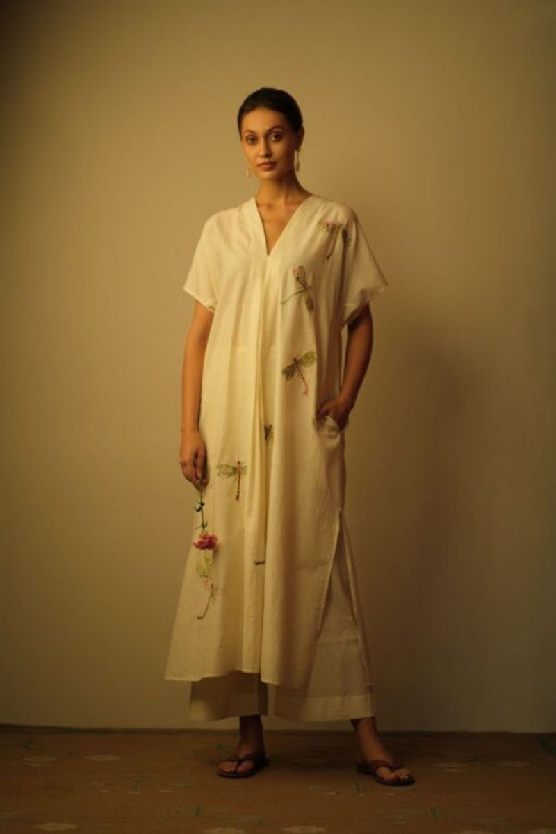 Dragon Fly Applique Embroidered Kaftan White Lounge Wear,Top & Tunics by Mallika Mathur in white color for women Worldwide