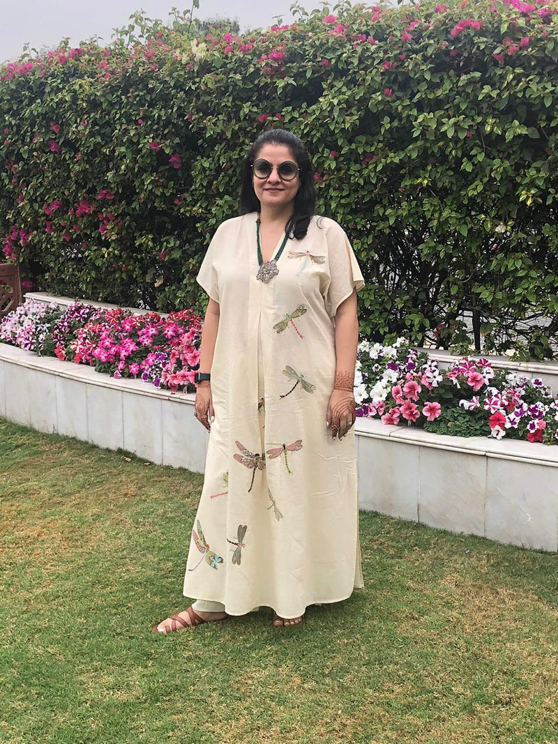 Dragon Fly Applique Embroidered Kaftan White Lounge Wear,Top & Tunics by Mallika Mathur in white color for women Worldwide