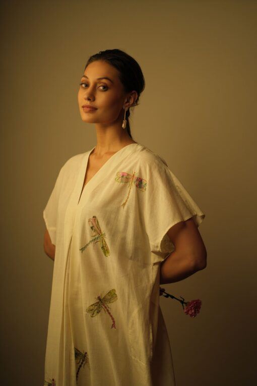 Dragon Fly Applique Embroidered Kaftan White Lounge Wear,Top & Tunics by Mallika Mathur in white color for women Worldwide