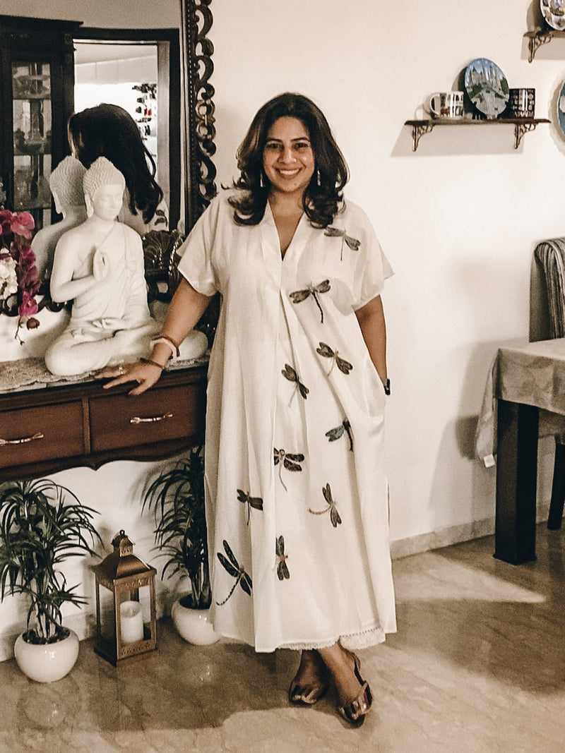 Dragon Fly Applique Embroidered Kaftan White Lounge Wear,Top & Tunics by Mallika Mathur in white color for women Worldwide