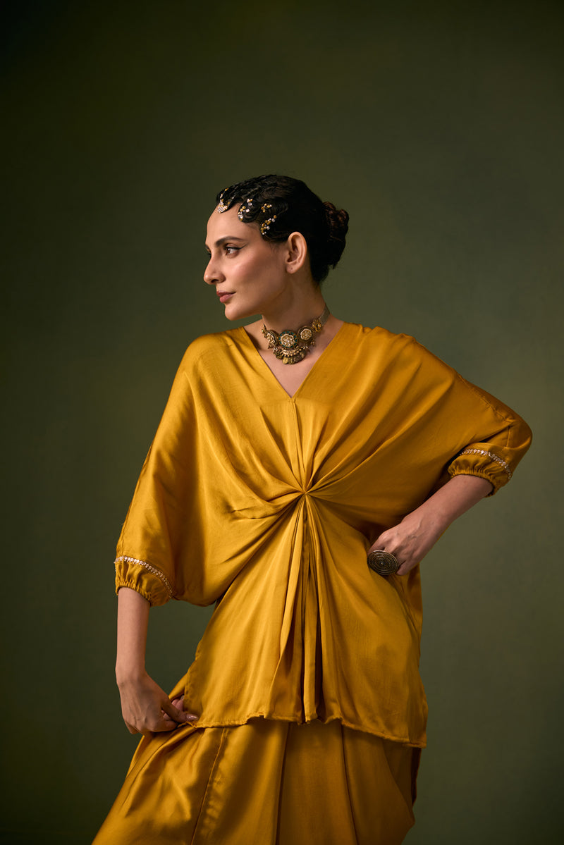 Moro Toga Drape Dress vegan satin, organza satin sarees by PRAHNAAYA in musturd yellow for women Worldwide