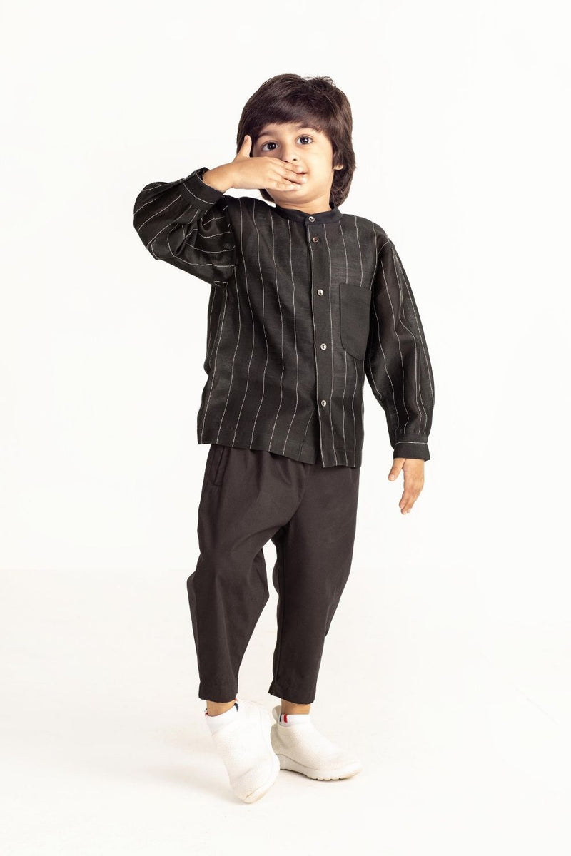 Embroidered Band Collar Shirt - Black Kids THREE Kids 
