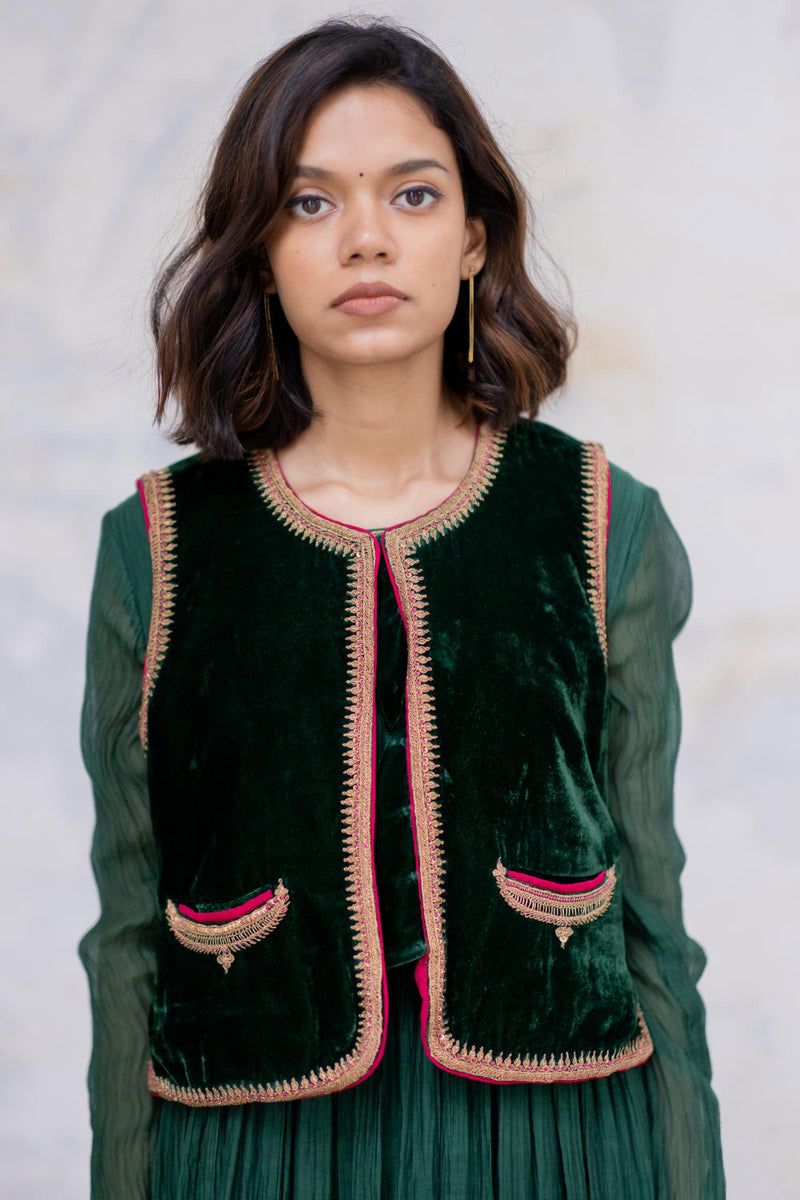 Emerald Masuma Velvet Sadri Jackets & Overlays by Nirjara for women Worldwide
