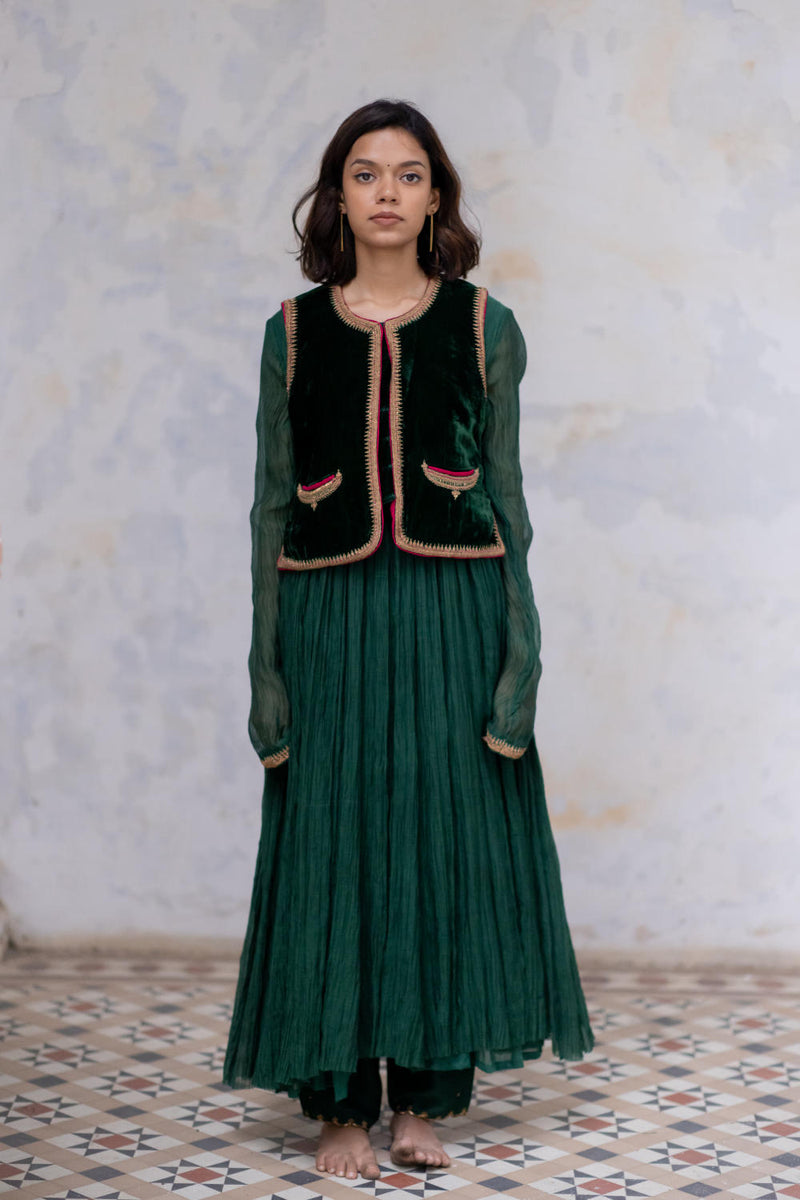 Emerald Masuma Velvet Sadri Jackets & Overlays by Nirjara for women Worldwide