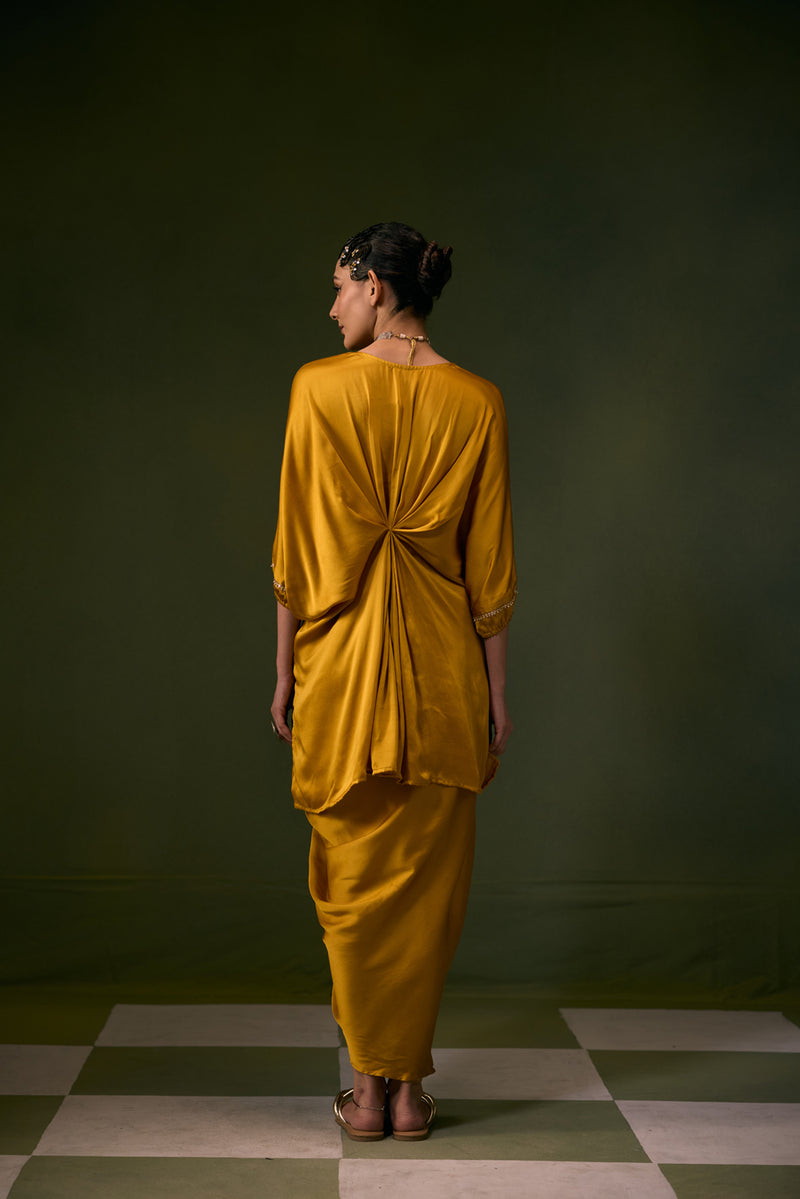 Moro Toga Drape Dress vegan satin, organza satin sarees by PRAHNAAYA in musturd yellow for women Worldwide