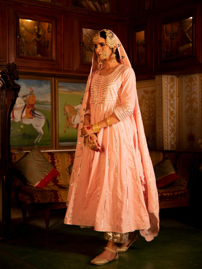 Falak - Gulaabi Cotton Kalidaar Farshi Set Kurta Sets by Maison Shefali for women Worldwide