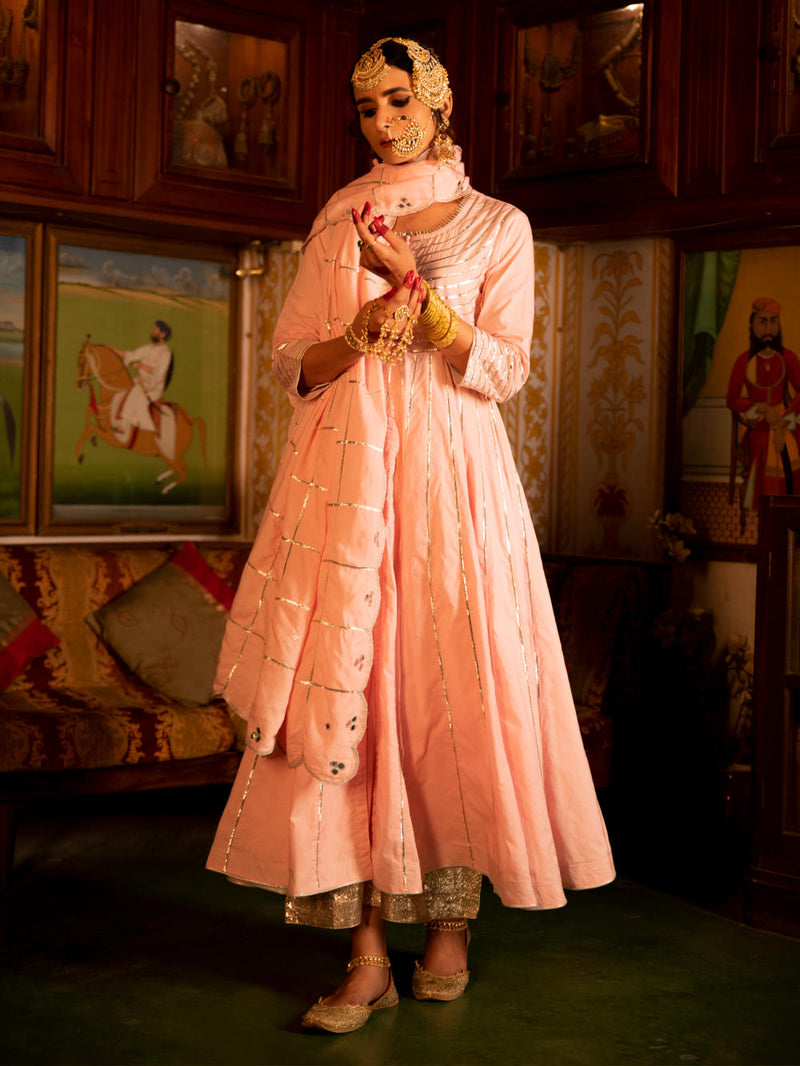 Falak - Gulaabi Cotton Kalidaar Farshi Set Kurta Sets by Maison Shefali for women Worldwide
