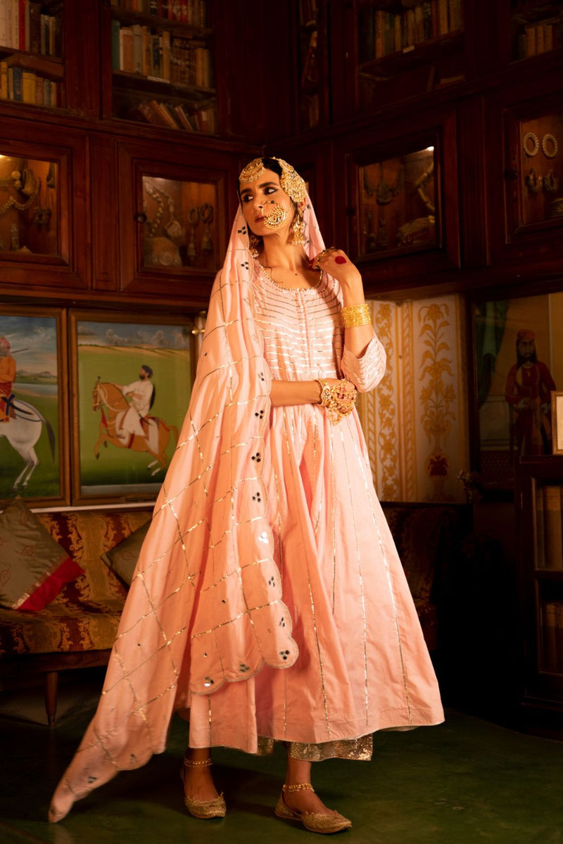 Falak - Gulaabi Cotton Kalidaar Farshi Set Kurta Sets by Maison Shefali for women Worldwide