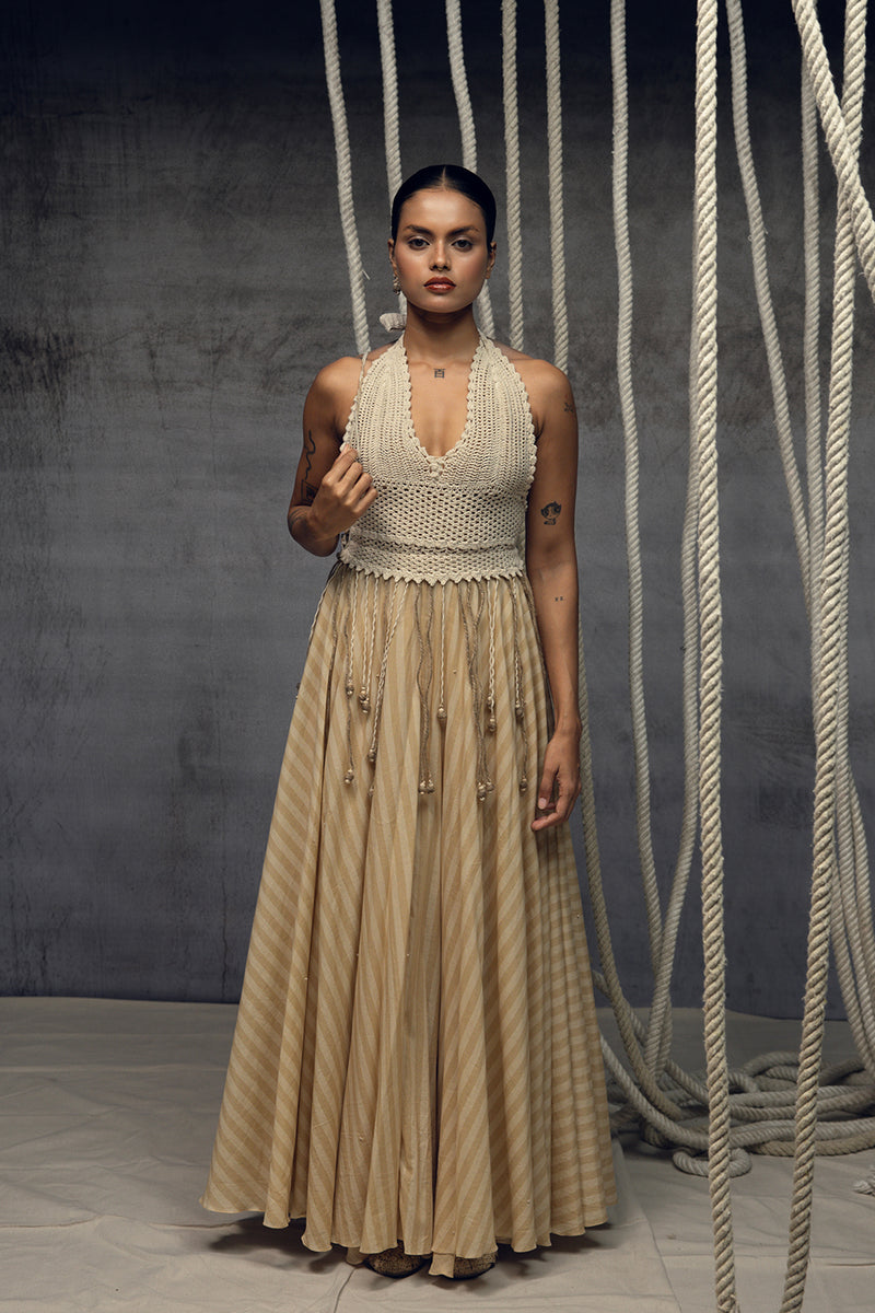 Ivory Crochet Bralette Striped Maxi hand crochet dress by Kritika Murarka in ivory for women Worldwide