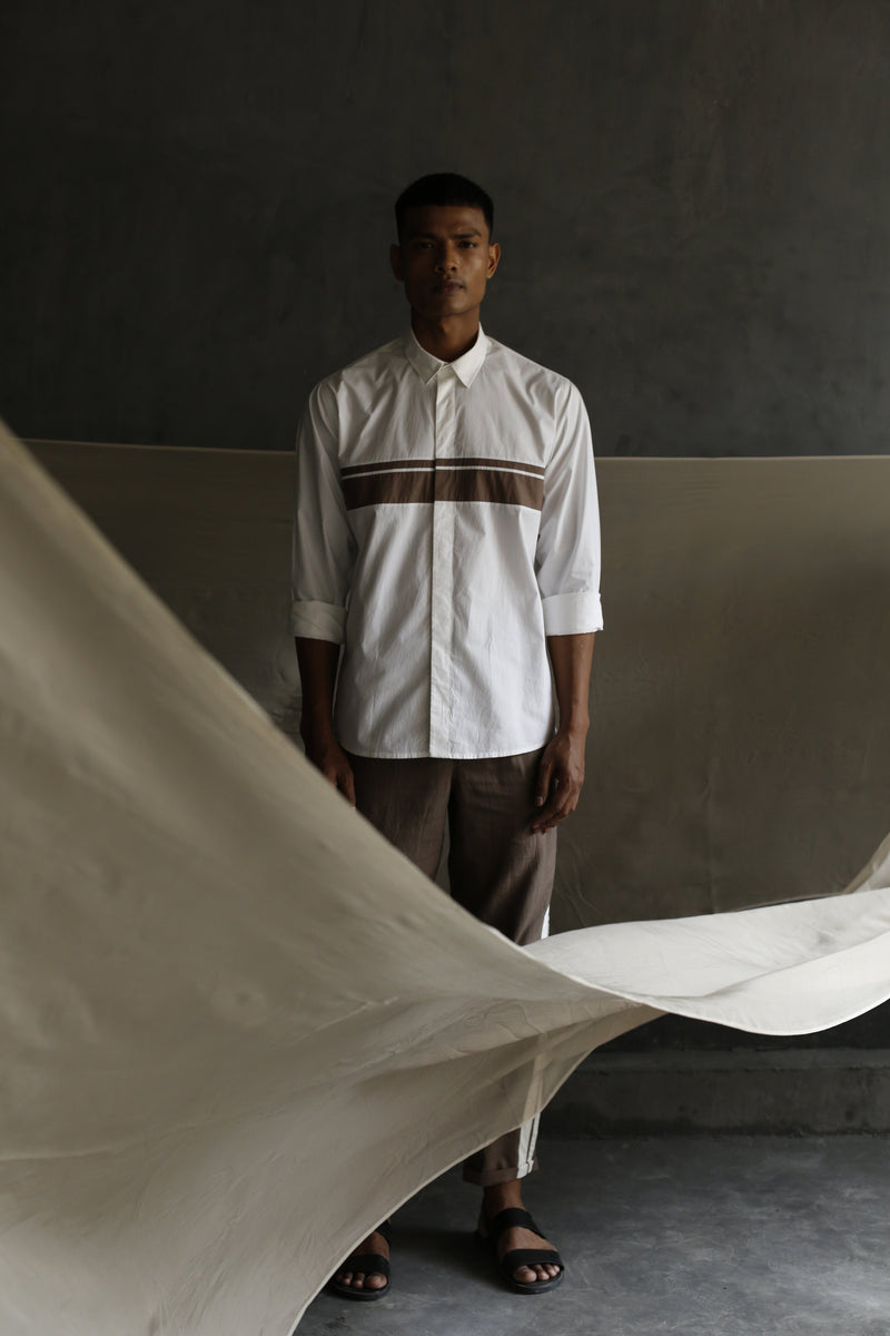 Front Applique Stripe Shirt Co-ord- White Men THREE Men 