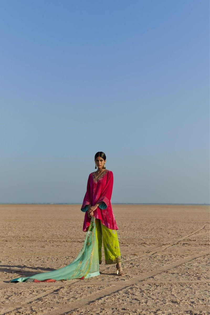 FUSHIA - B. LIME A-LINE KURTA SET Kurta Sets by Rajiramniq for women Worldwide